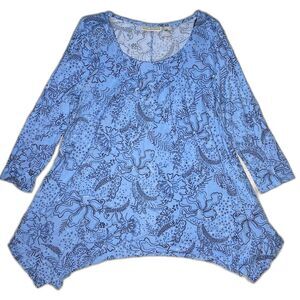 Dana Buchman Blouse Size S Asymmetrical Light Blue Graphic Print 90s Y2K